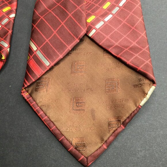 Vintage Guy Laroche Paris Mens Silk Tie Red Geometric Pattern Made France - Picture 6 of 8